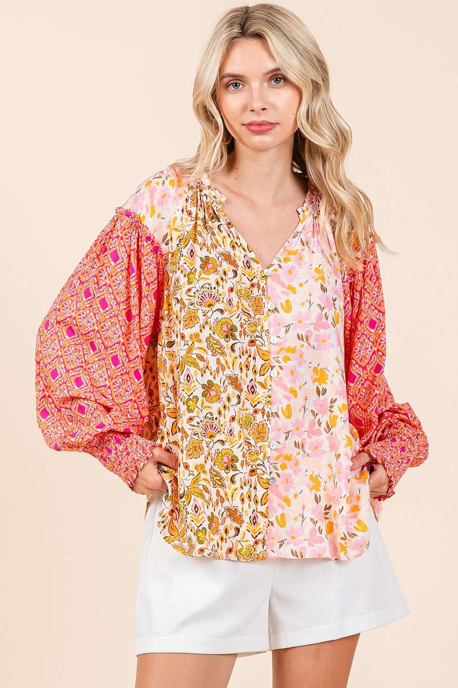 Patchwork Print Long Sleeve Blouse