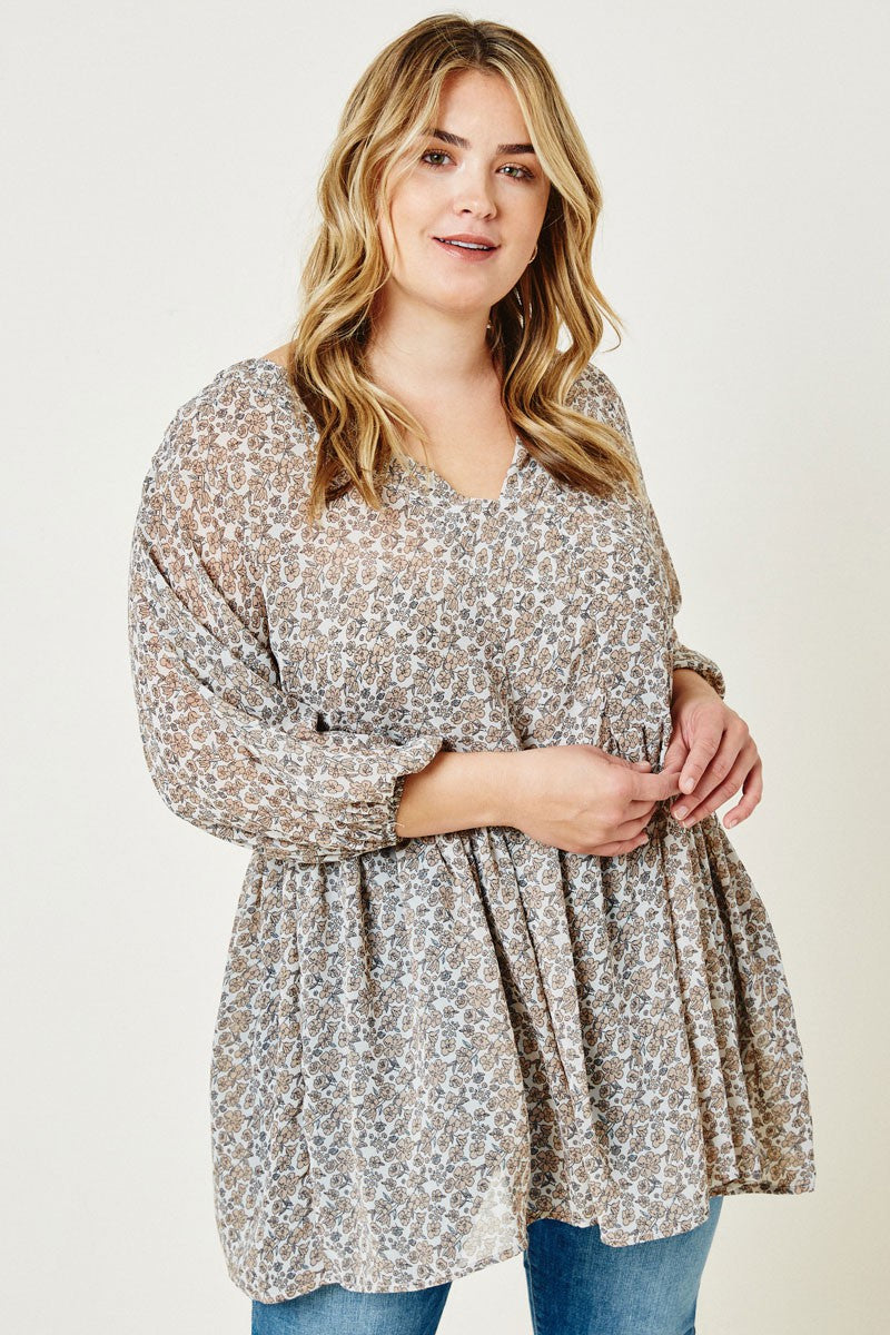 Plus Floral Balloon Sleeve Tunic Top