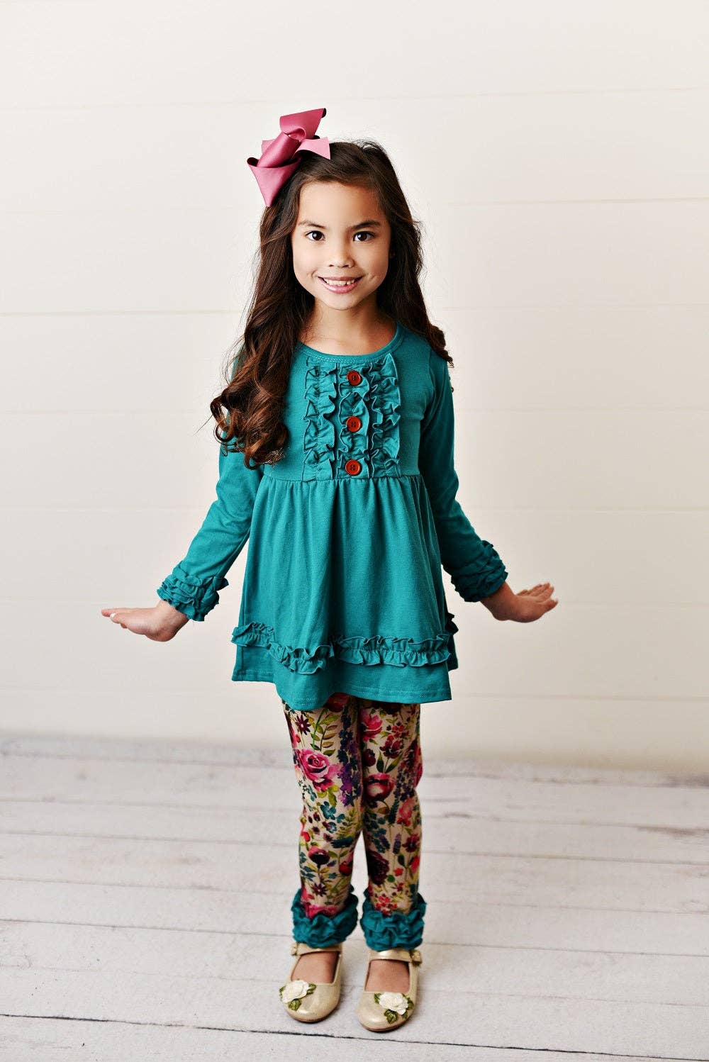 Kids Teal Plum Floral Ruffle Set