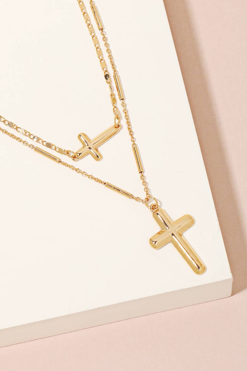 Gold Double Cross Charm Layered Necklace