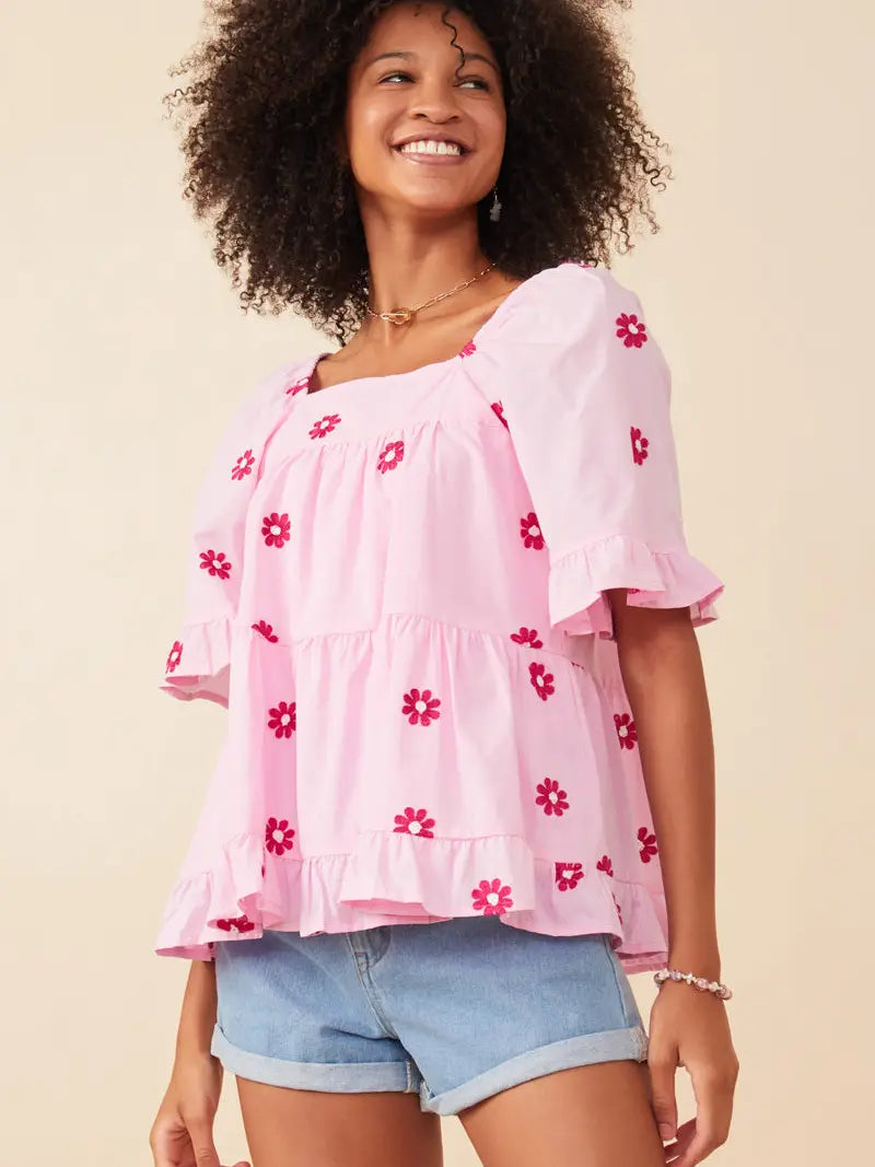 Daisy Embroidered Square Neck Top