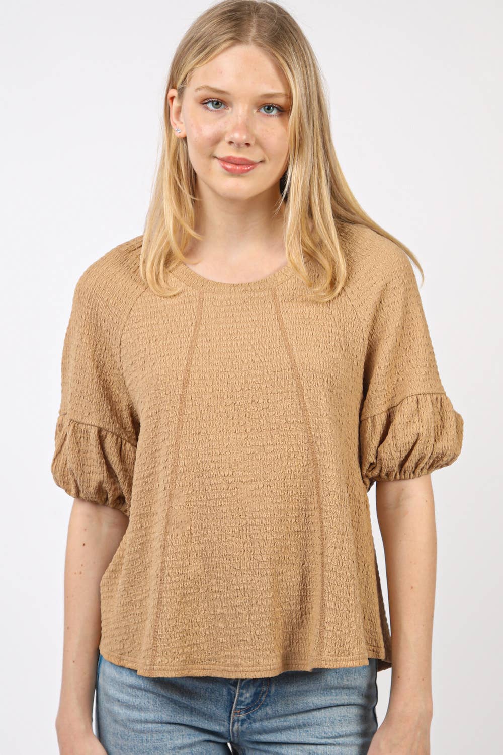 Half Puff Sleeve Crinkle Knit Top