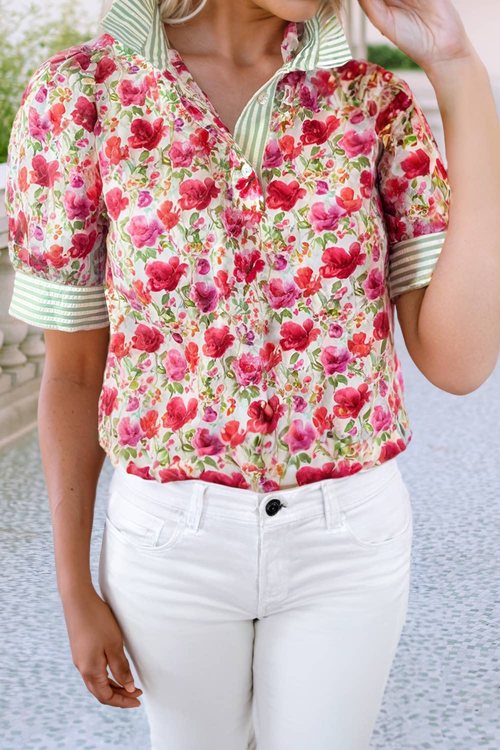 Floral  Striped Patchwork Blouse