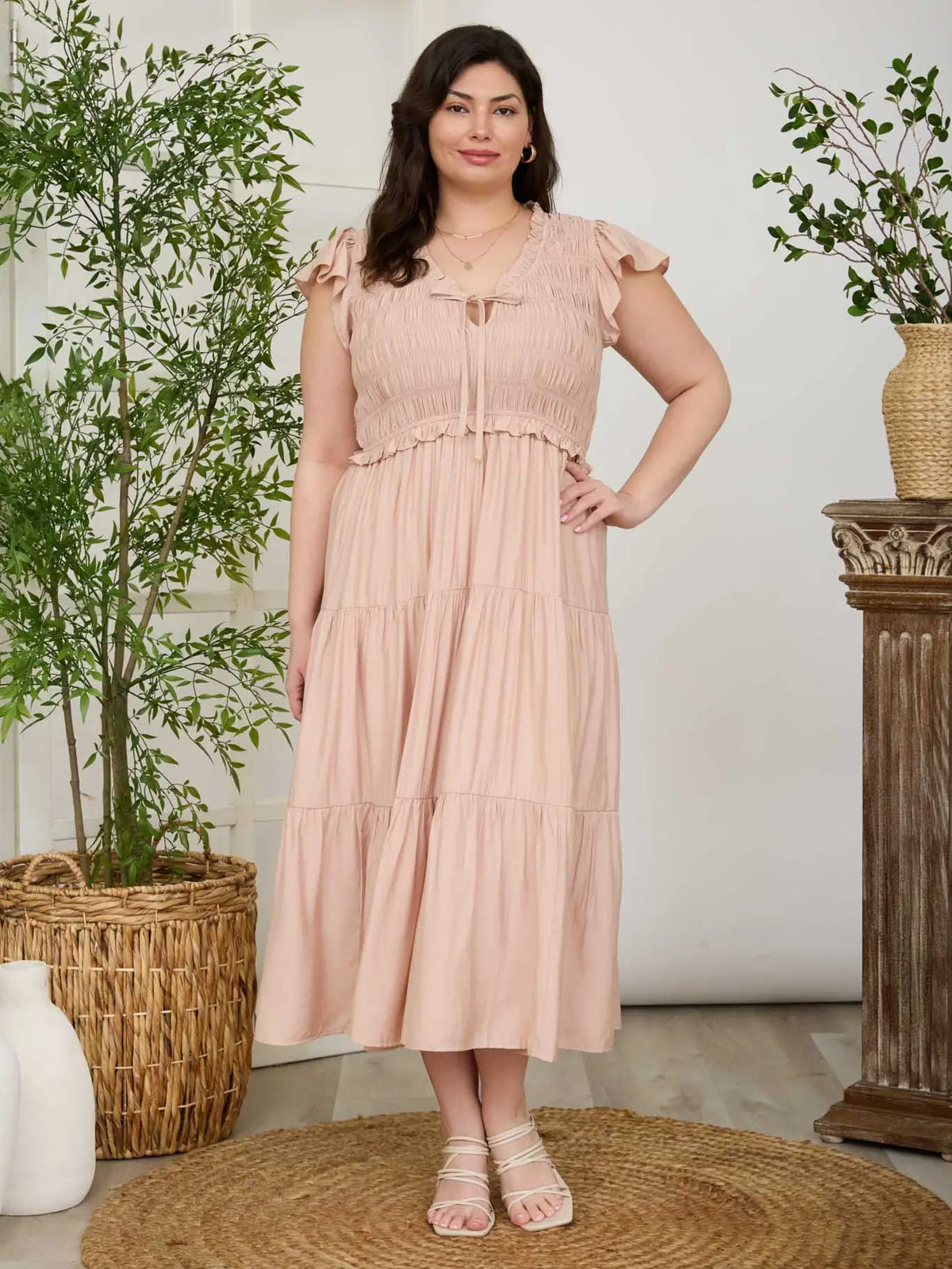 Plus Smocked Front Tie Ruffle Dress