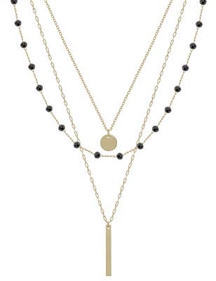 Gold Bar Triple Layer Necklace with Black Crystal Accents