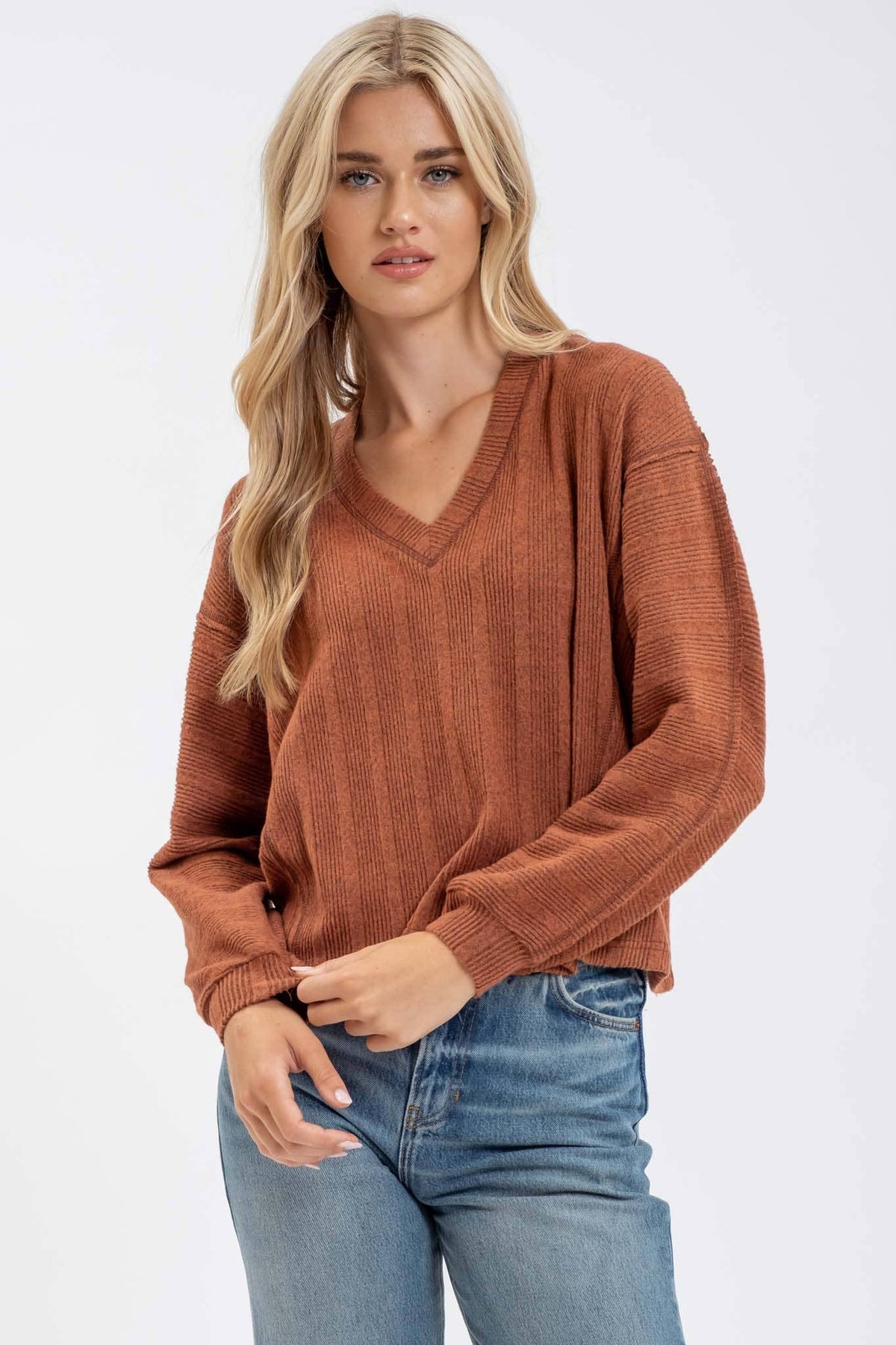 Long Sleeve V-Neck Knit Top