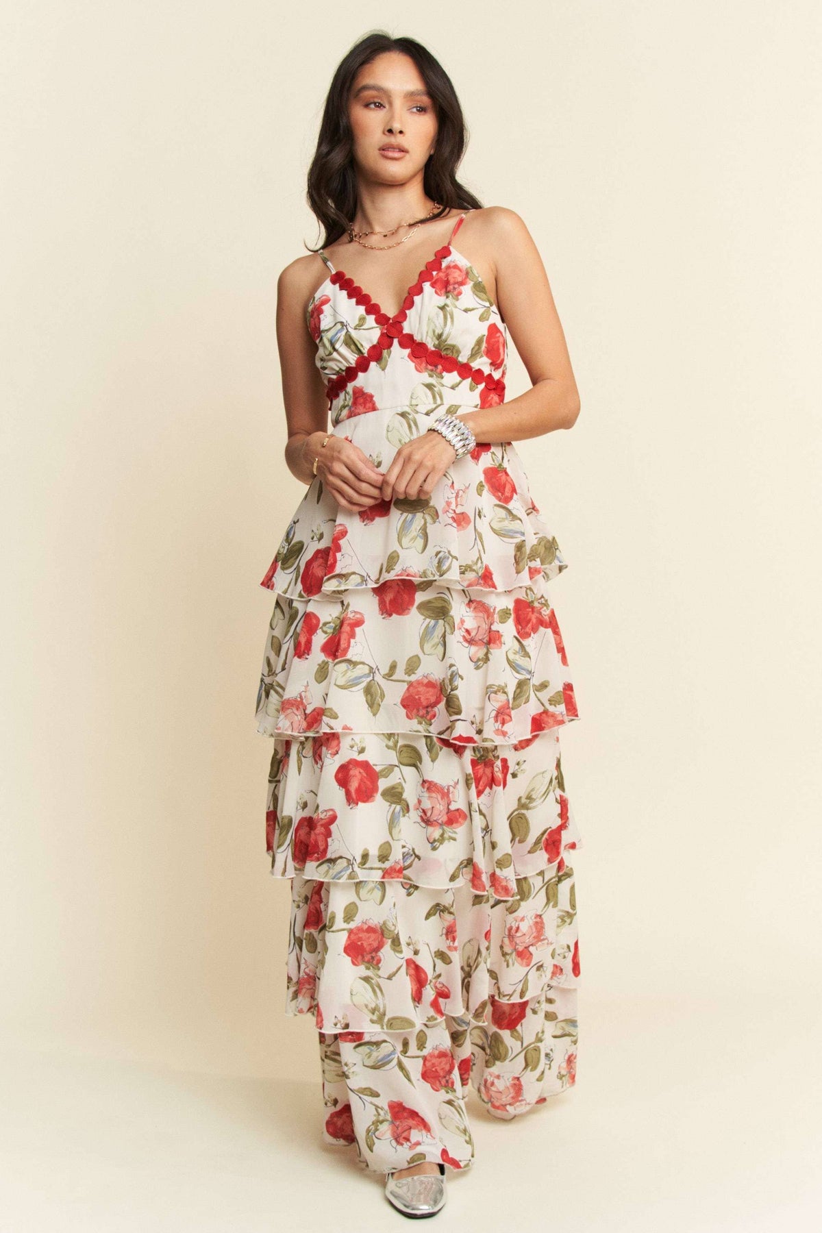 Red Floral Ruffle Maxi Dress