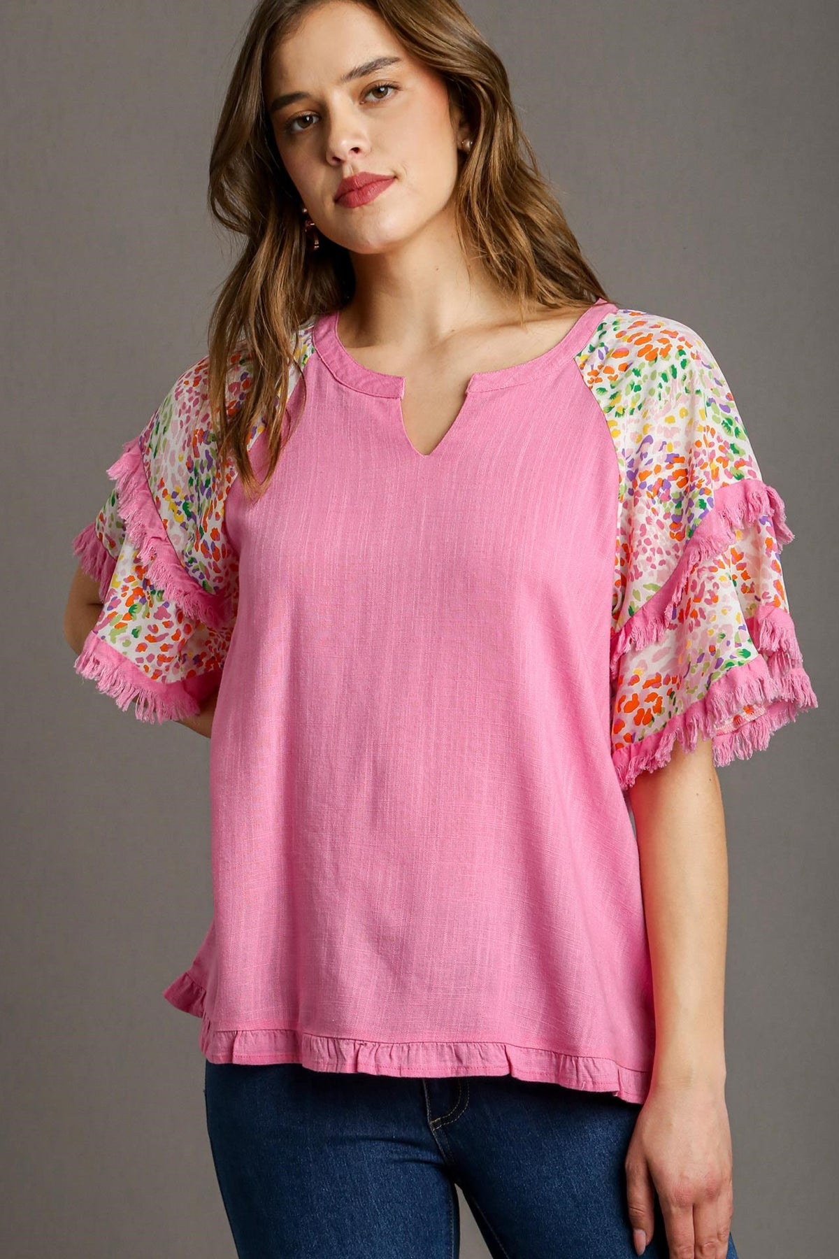 Leopard Frayed Sleeve Blouse