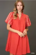 Coral Embroidered Sleeve Dress
