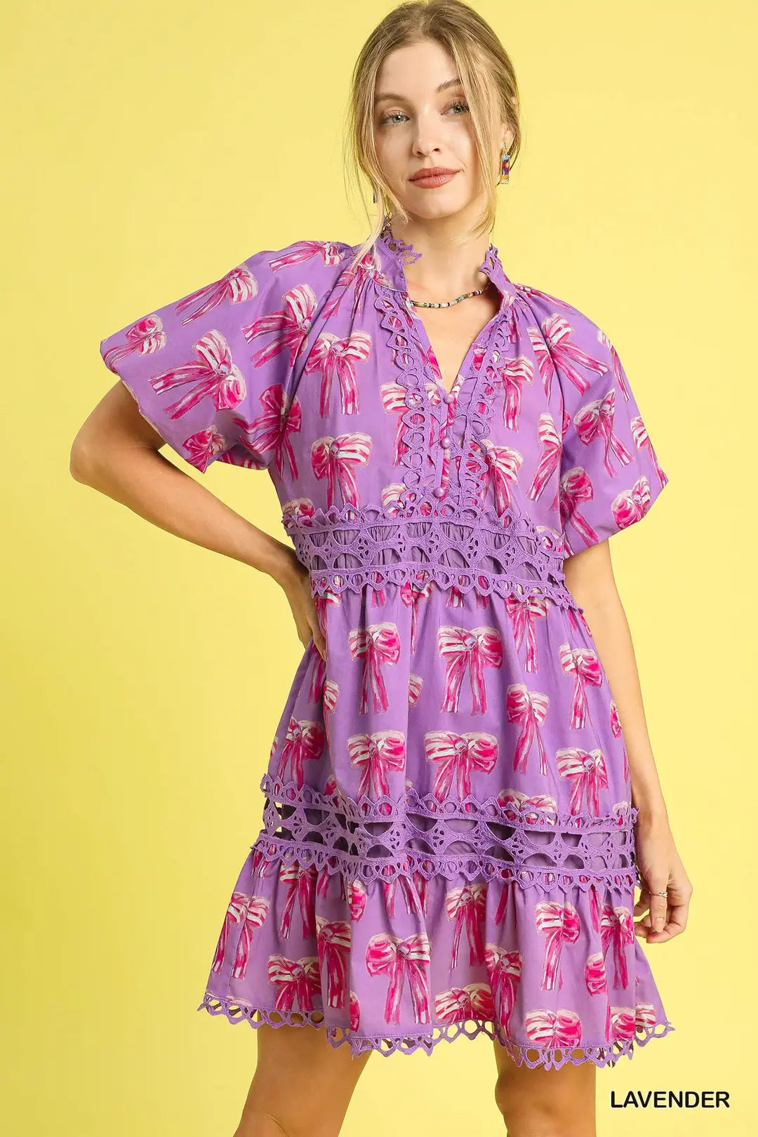 Bow Print Lace Trim Dress