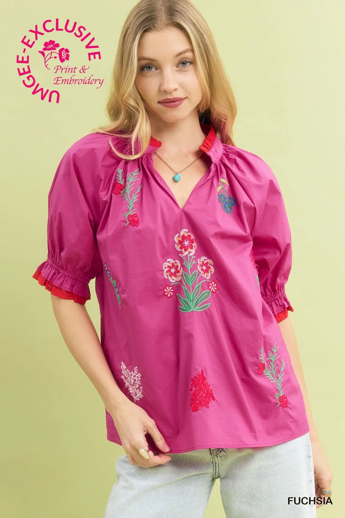 Fuchsia Embroidered Puff Sleeve Top