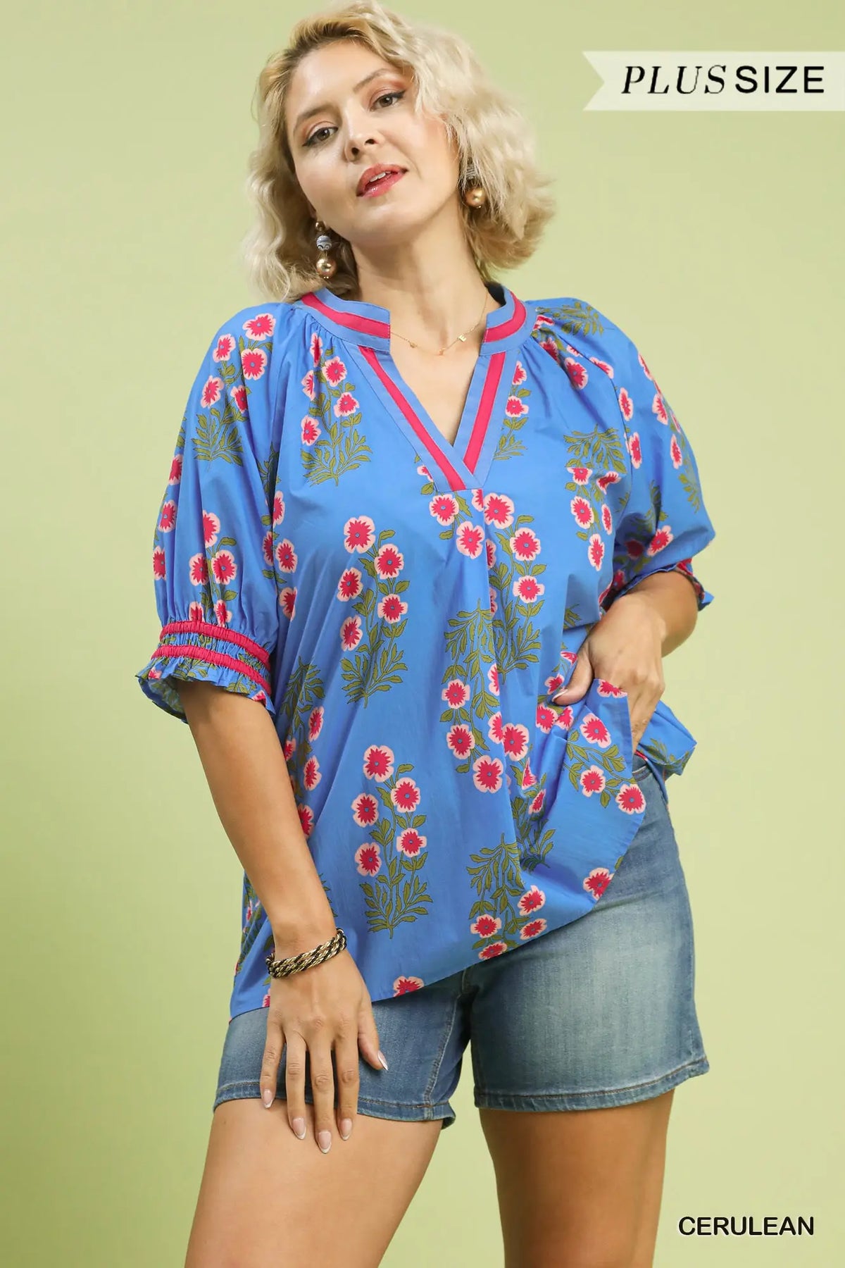 Floral V-neck Trim Puff Sleeve Top