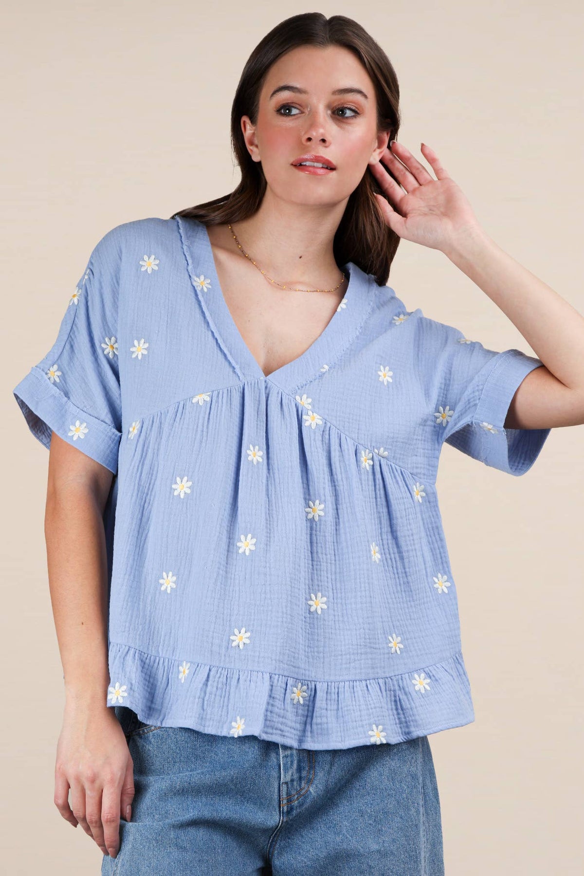 NT12065-Flower Embroidered Woven Blouse Top
