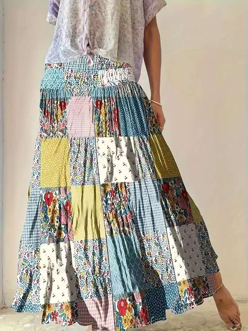 Color-block Patterned Maxi Skirt