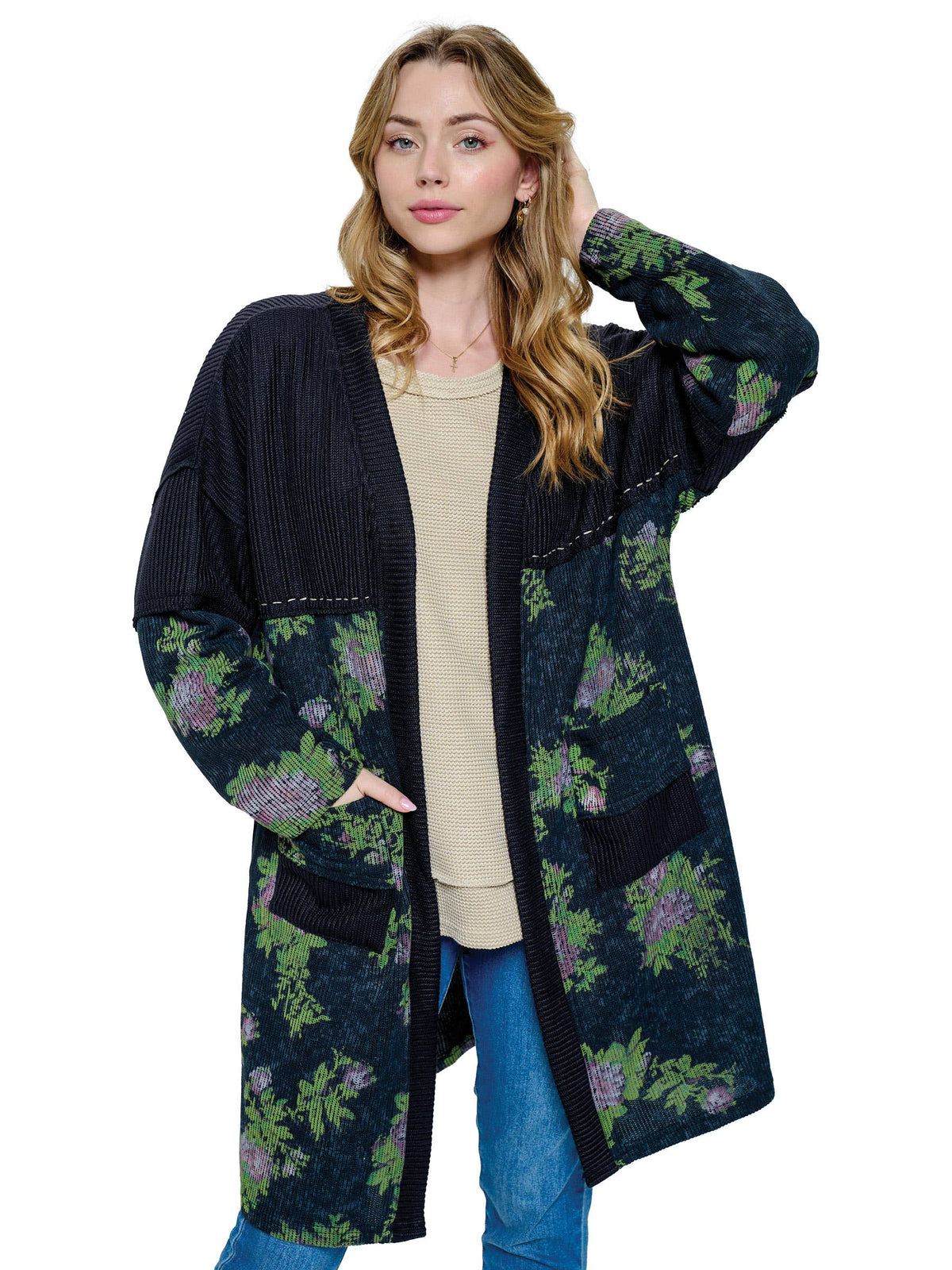 Ribbed Floral Button Cardigan