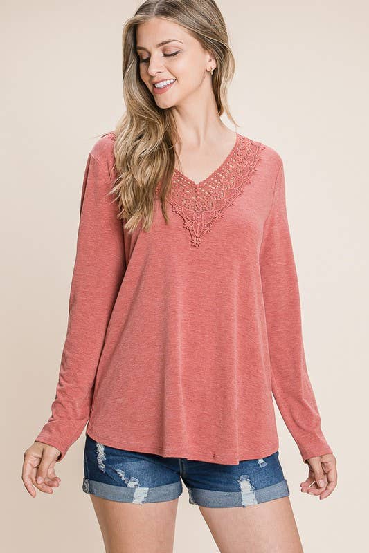 Lace Neckline Long Sleeve Top