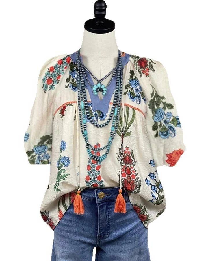 Boho Floral Print V-Neck Casual Top
