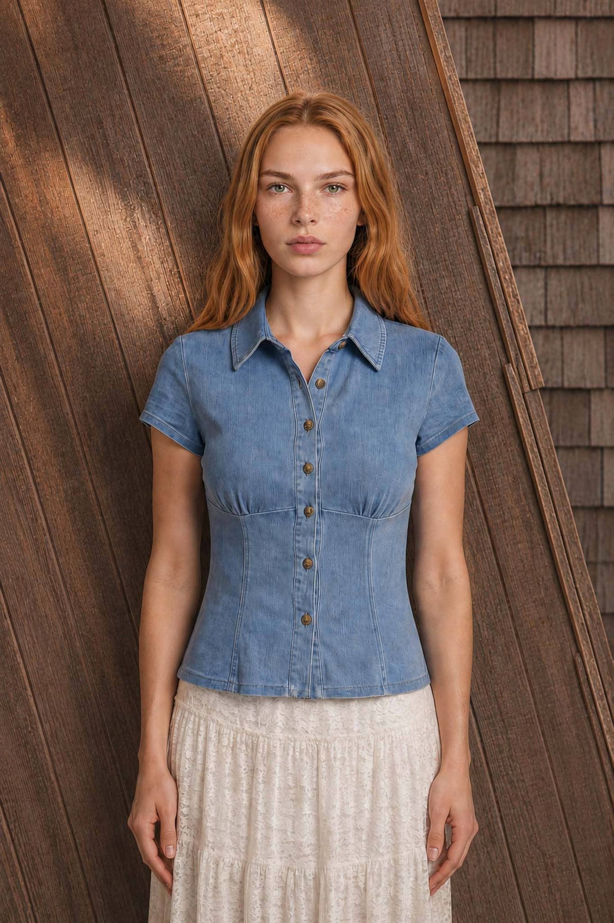 Cinched Waist Denim Top