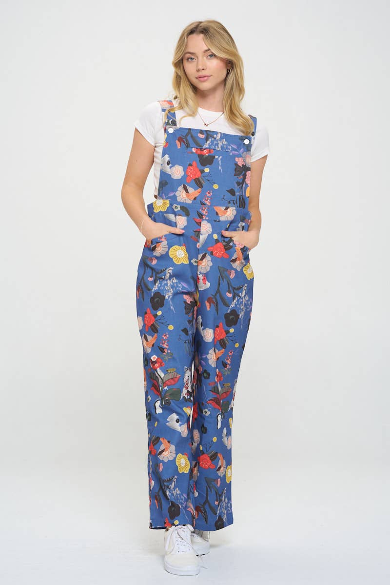 Floral Bird Print Overalls