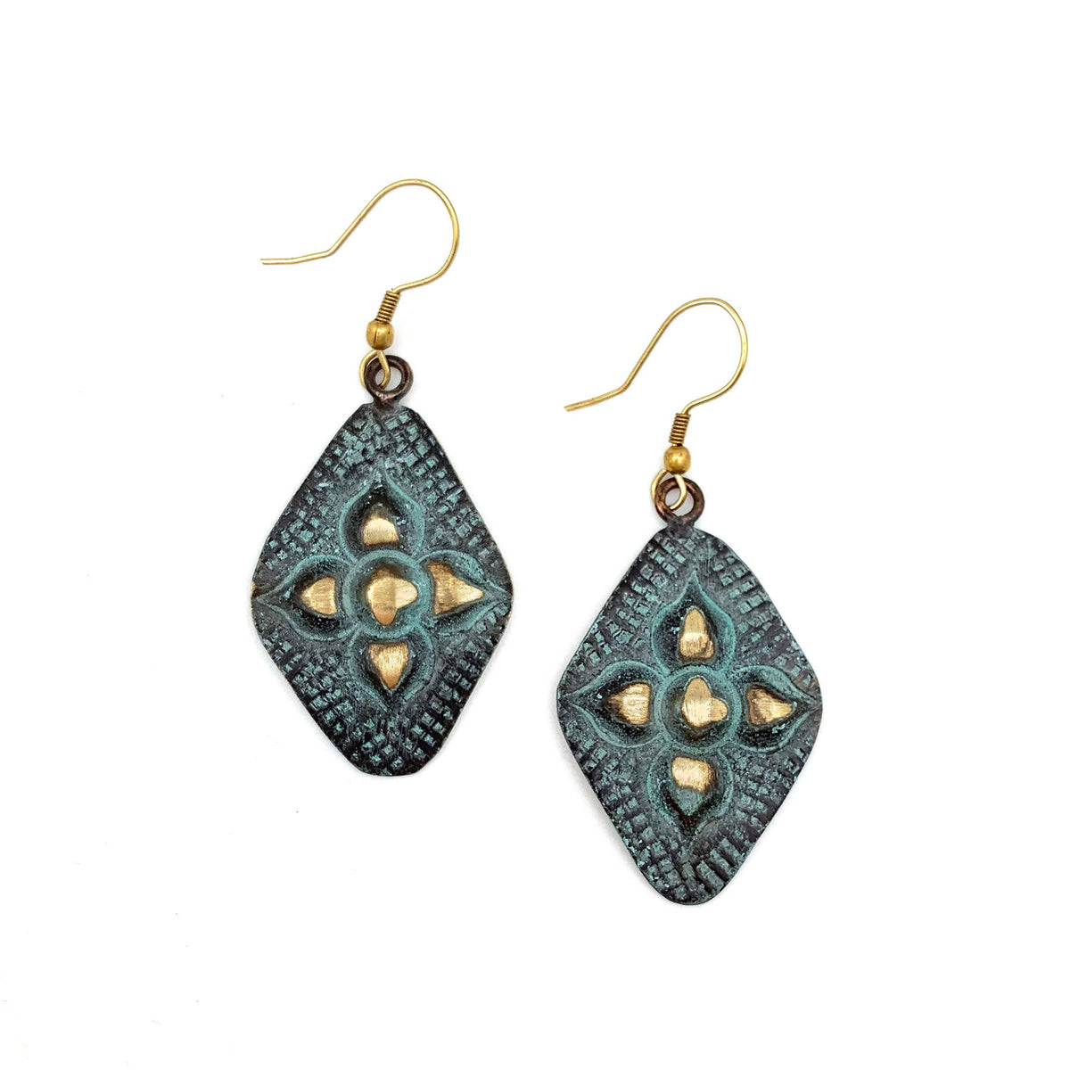 Patina Earrings - Aqua Diamond & Arabic Flower