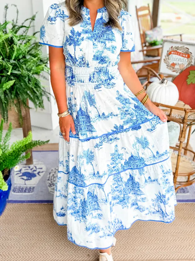 Toile Print Flare Maxi Dress