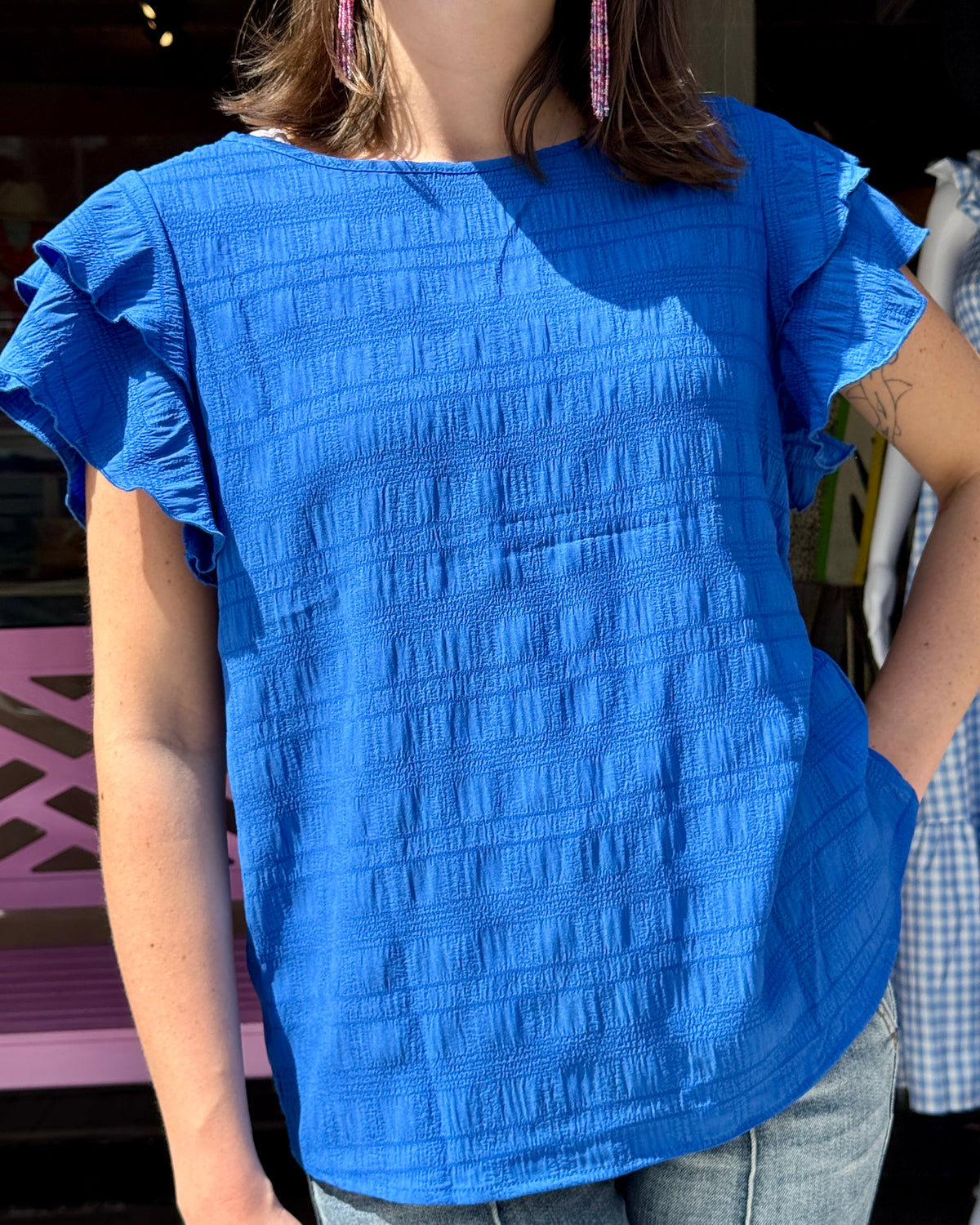 Blue Ruffle Blouse