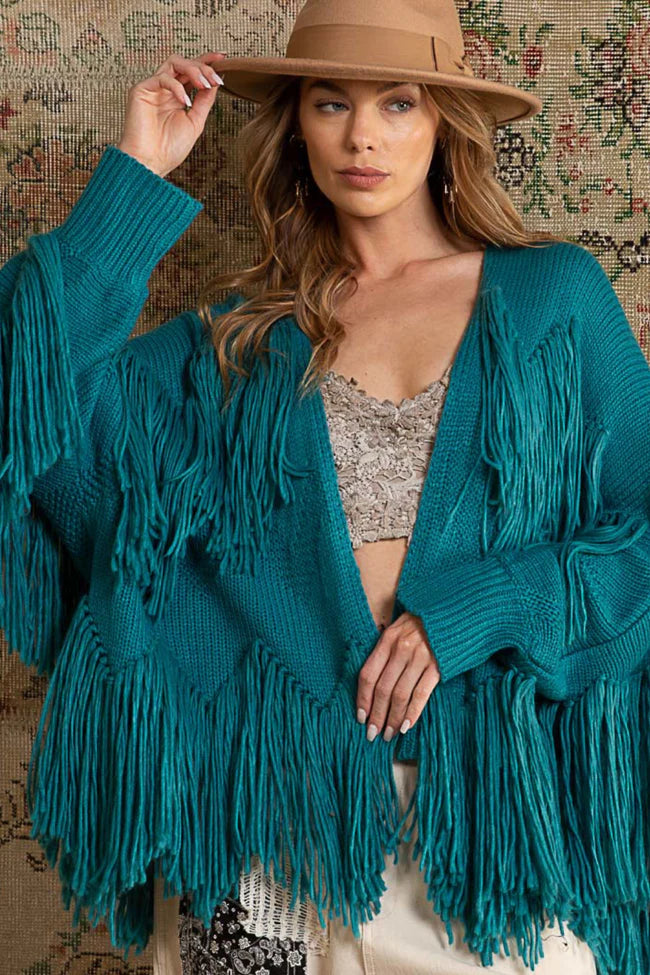 POL Teal Fringe Cardigan