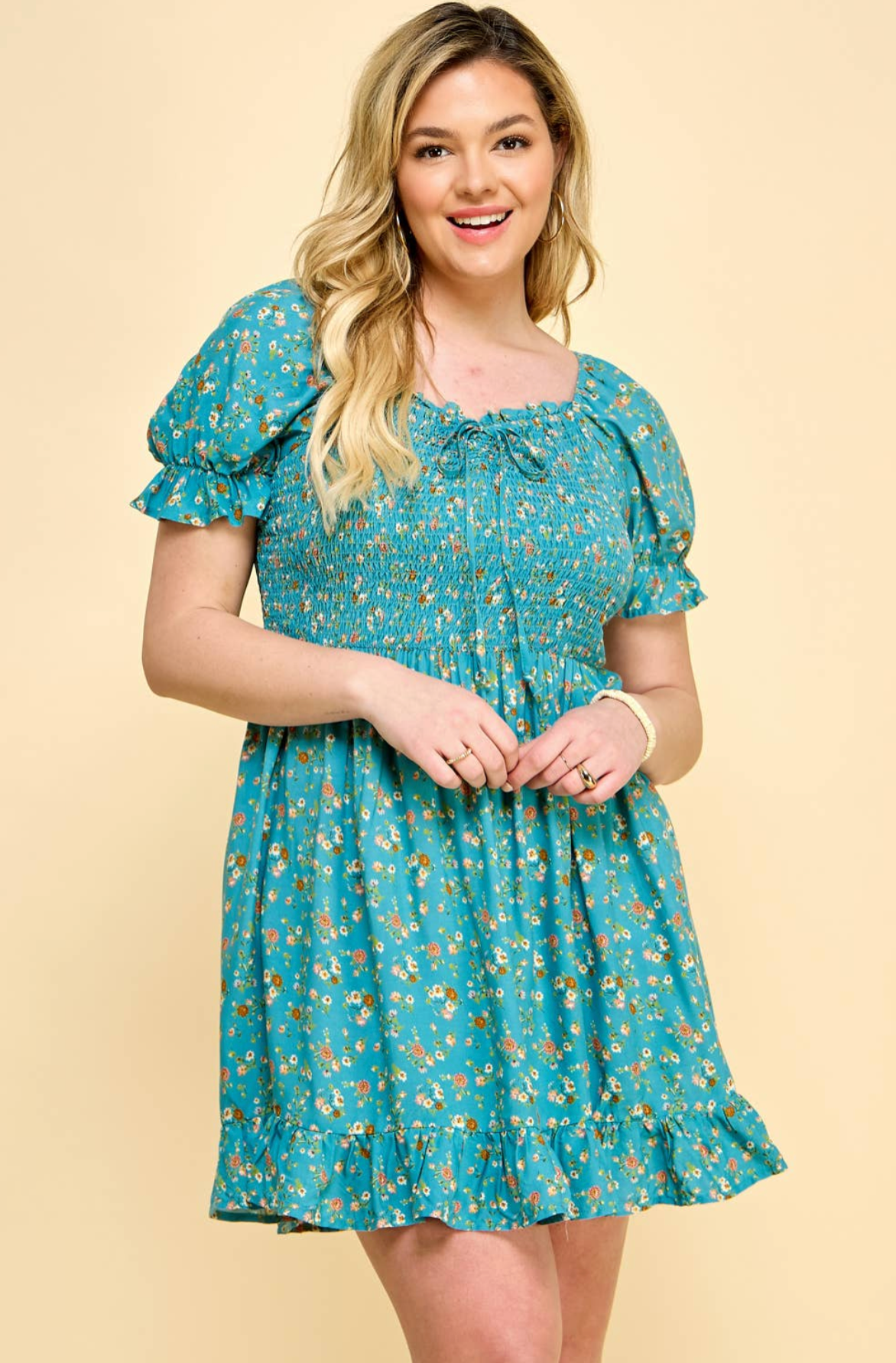 Smocked Teal Floral Dress