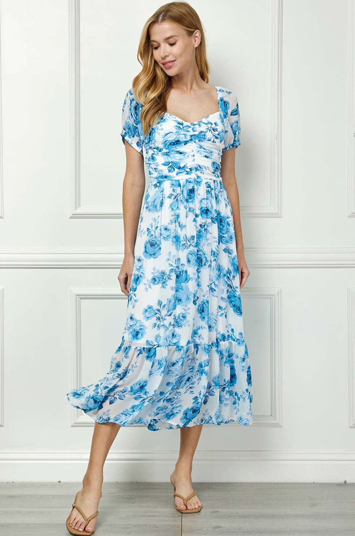 Chiffon Blue Floral Midi Dress