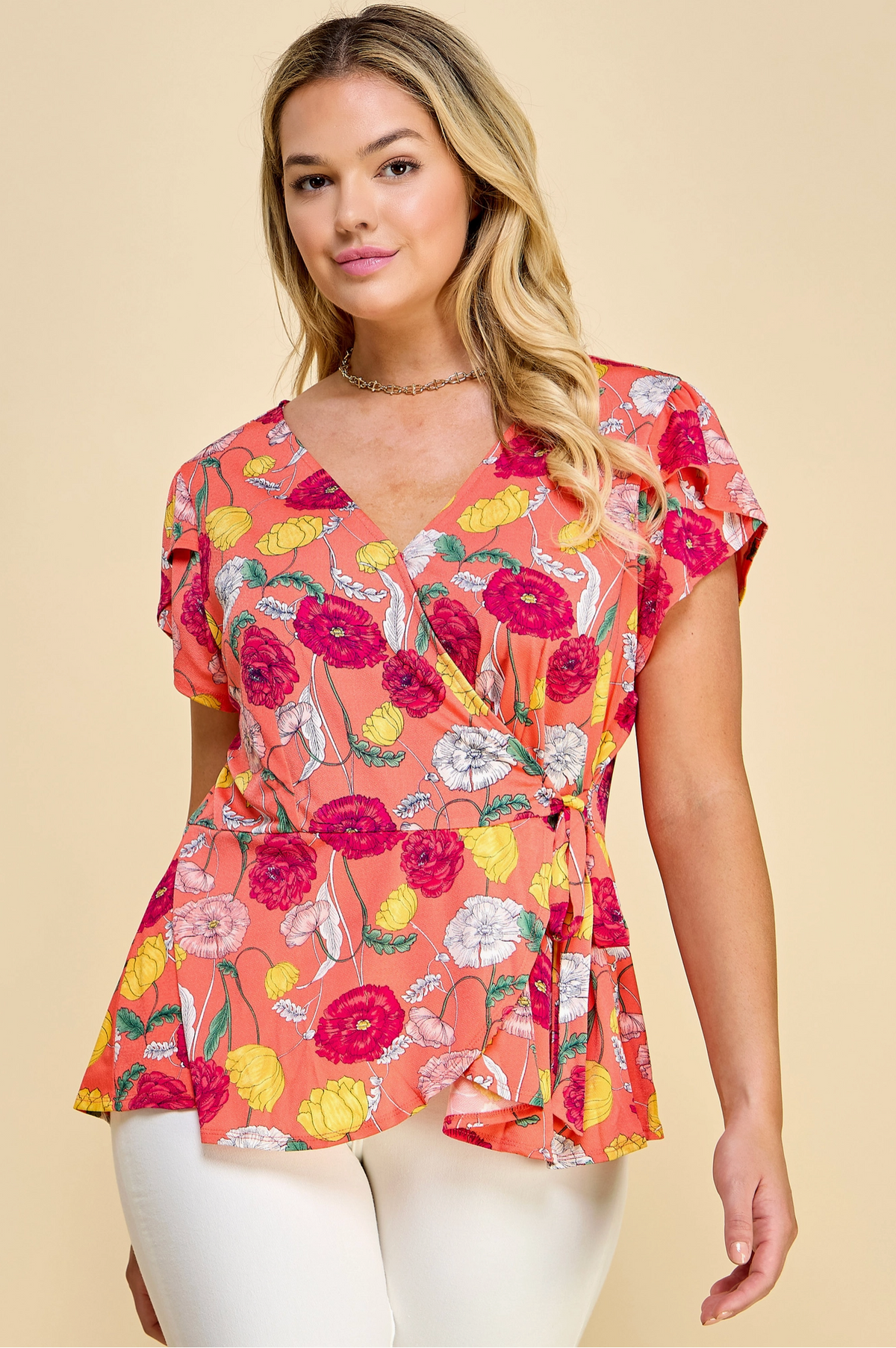 Plus Orange Floral Wrap Top