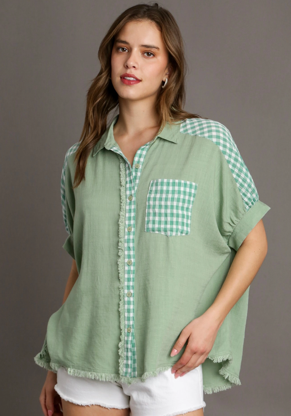 Checkered Frayed Hem Blouse