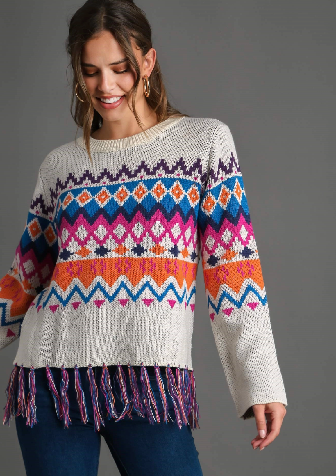 Abstract Frayed Hem Sweater