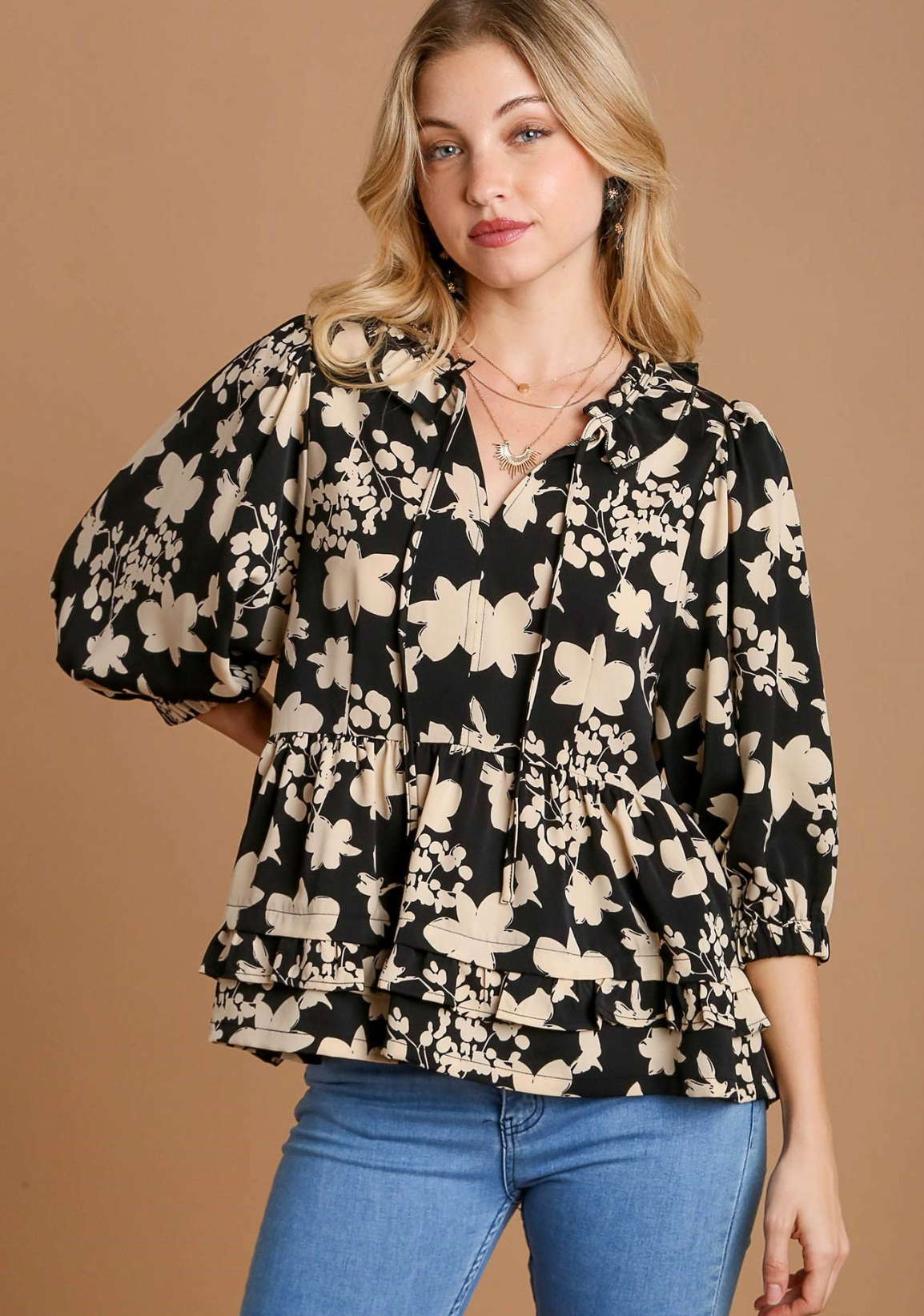 Floral Balloon Sleeve Blouse