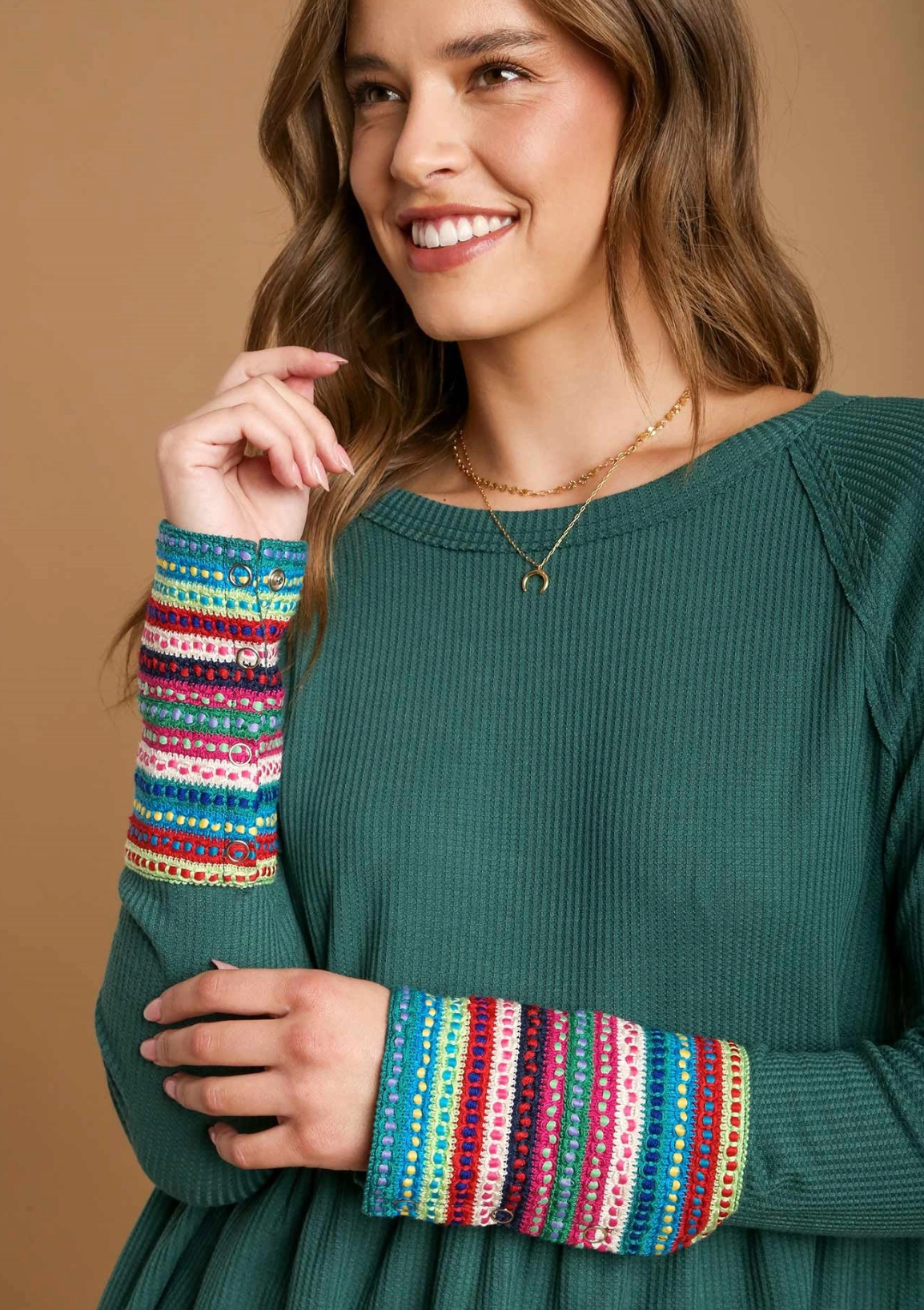 Striped Sleeve Waffle Knit