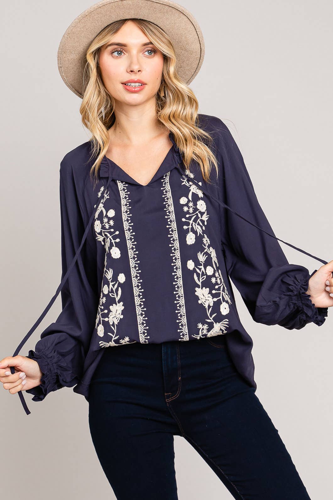 Navy Patterned Tie Neck Blouse