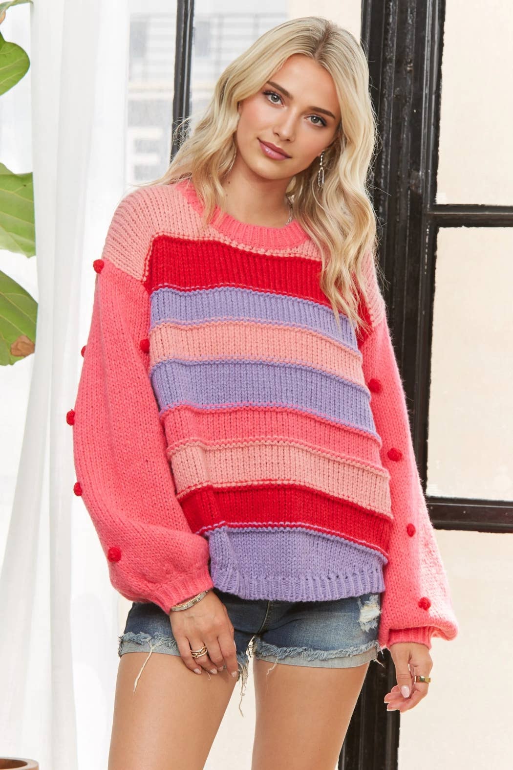 Colorful Striped Pom Sweater
