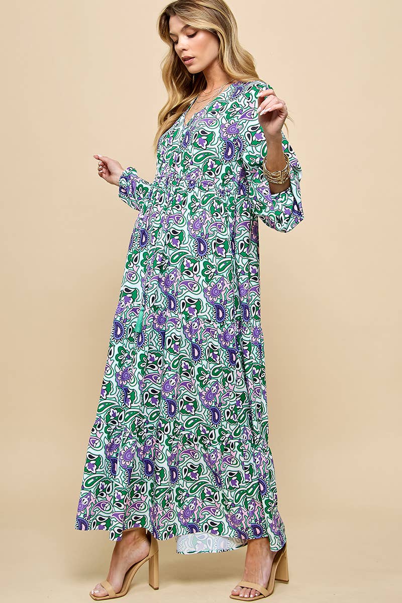 Paisley Print V-Neck Maxi Dress