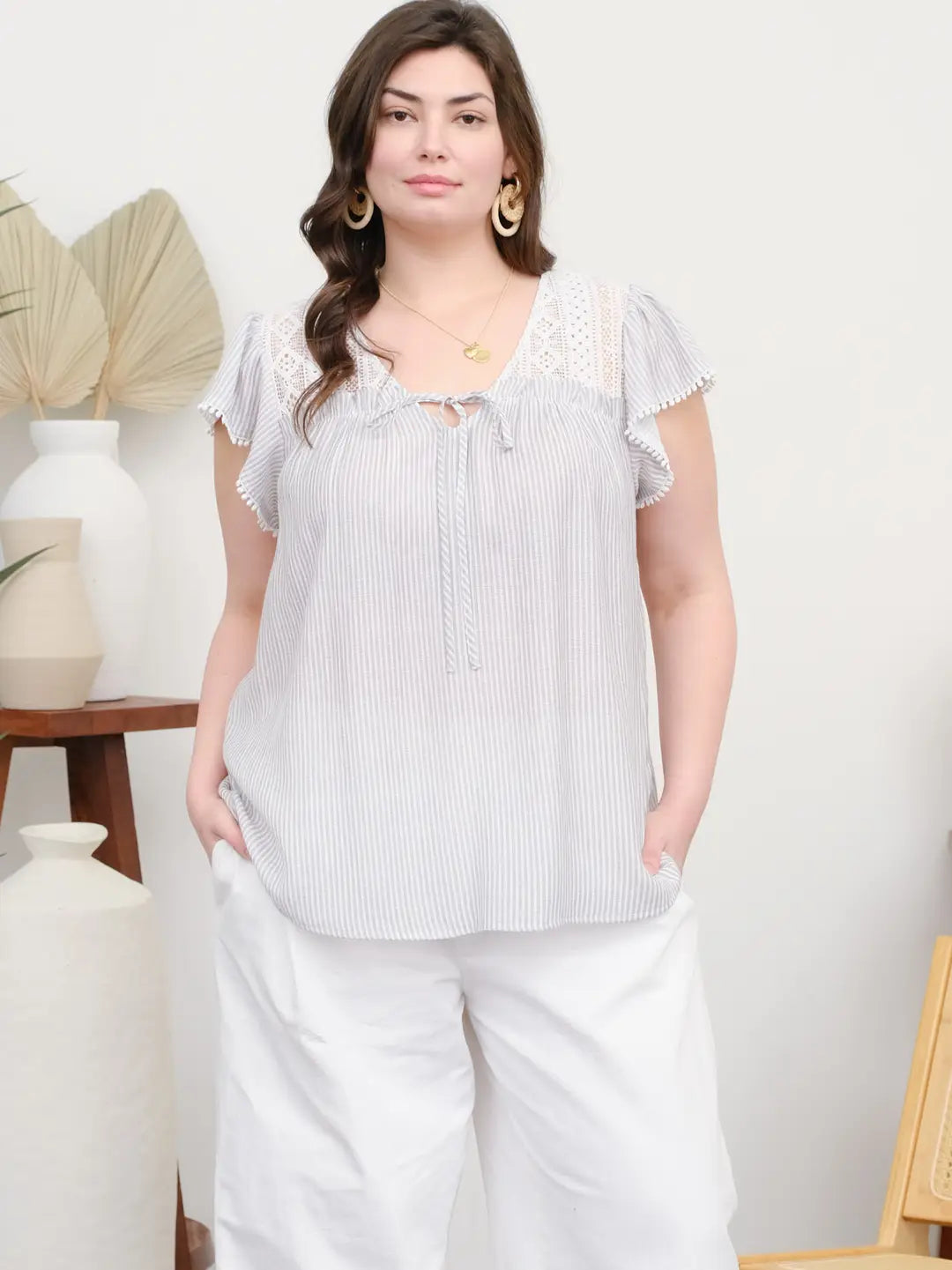 Stripe Lace Yoke Front Tie Top