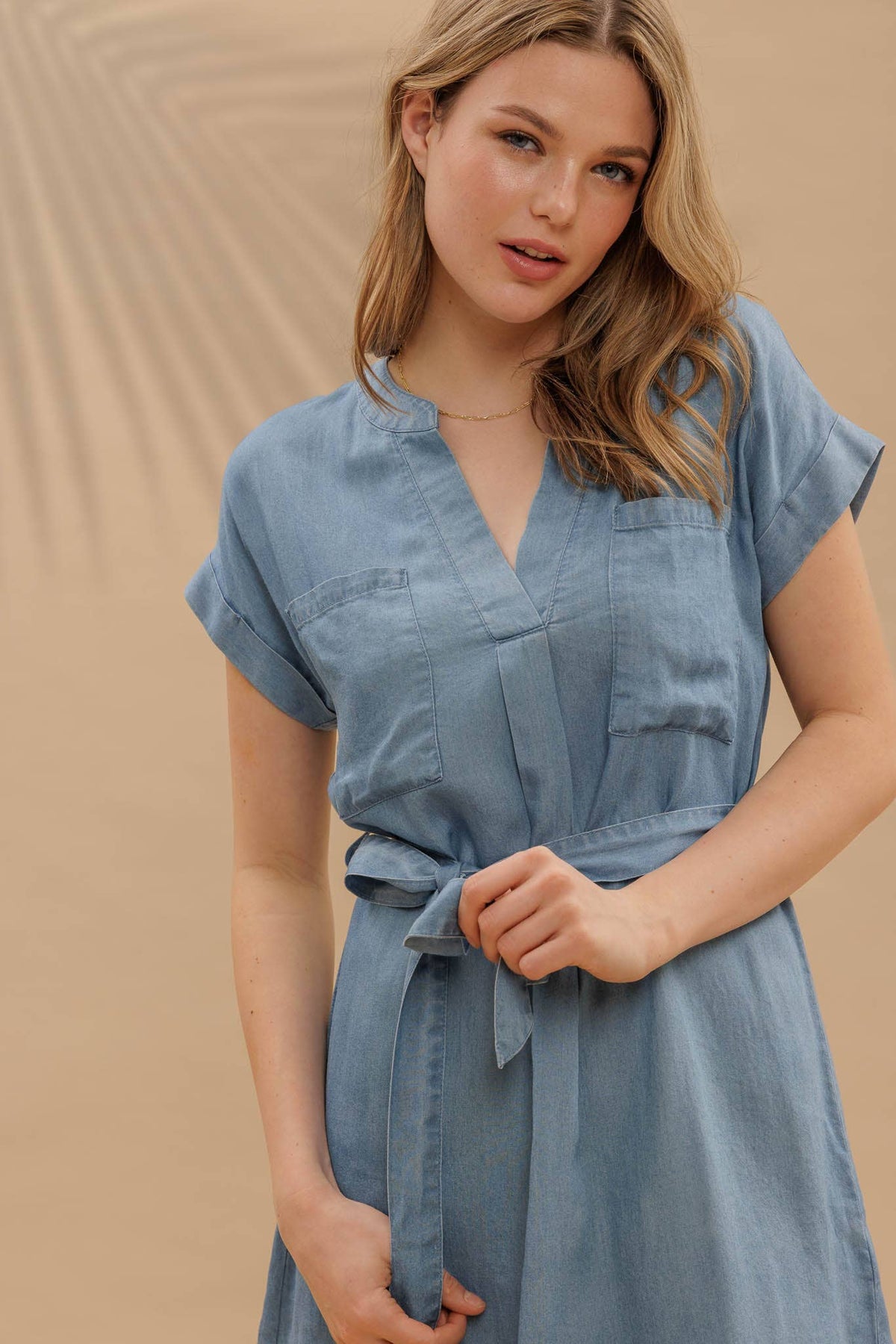 Chambray Cuff Sleeve Mini Shirt Dress