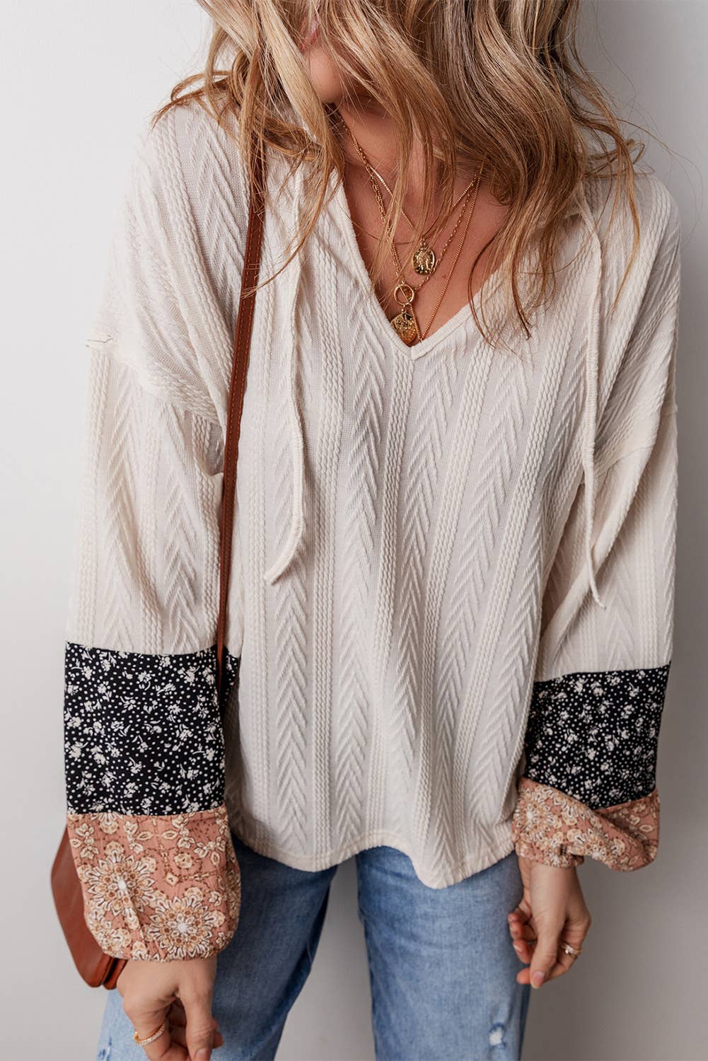 Patchwork Knit Drawstring Blouse