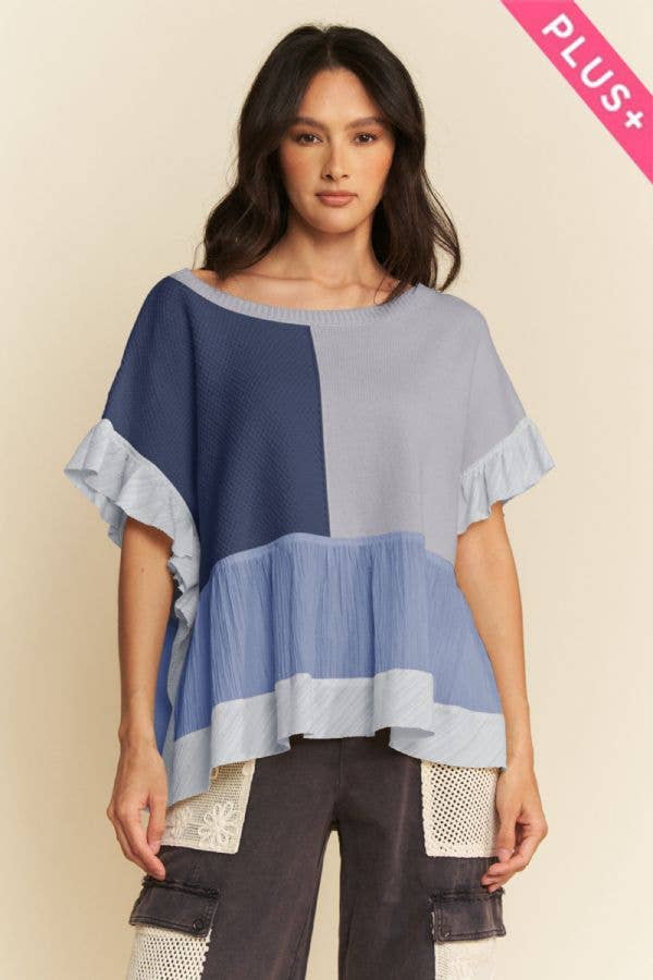 Plus Denim Patchwork Ruffle Top