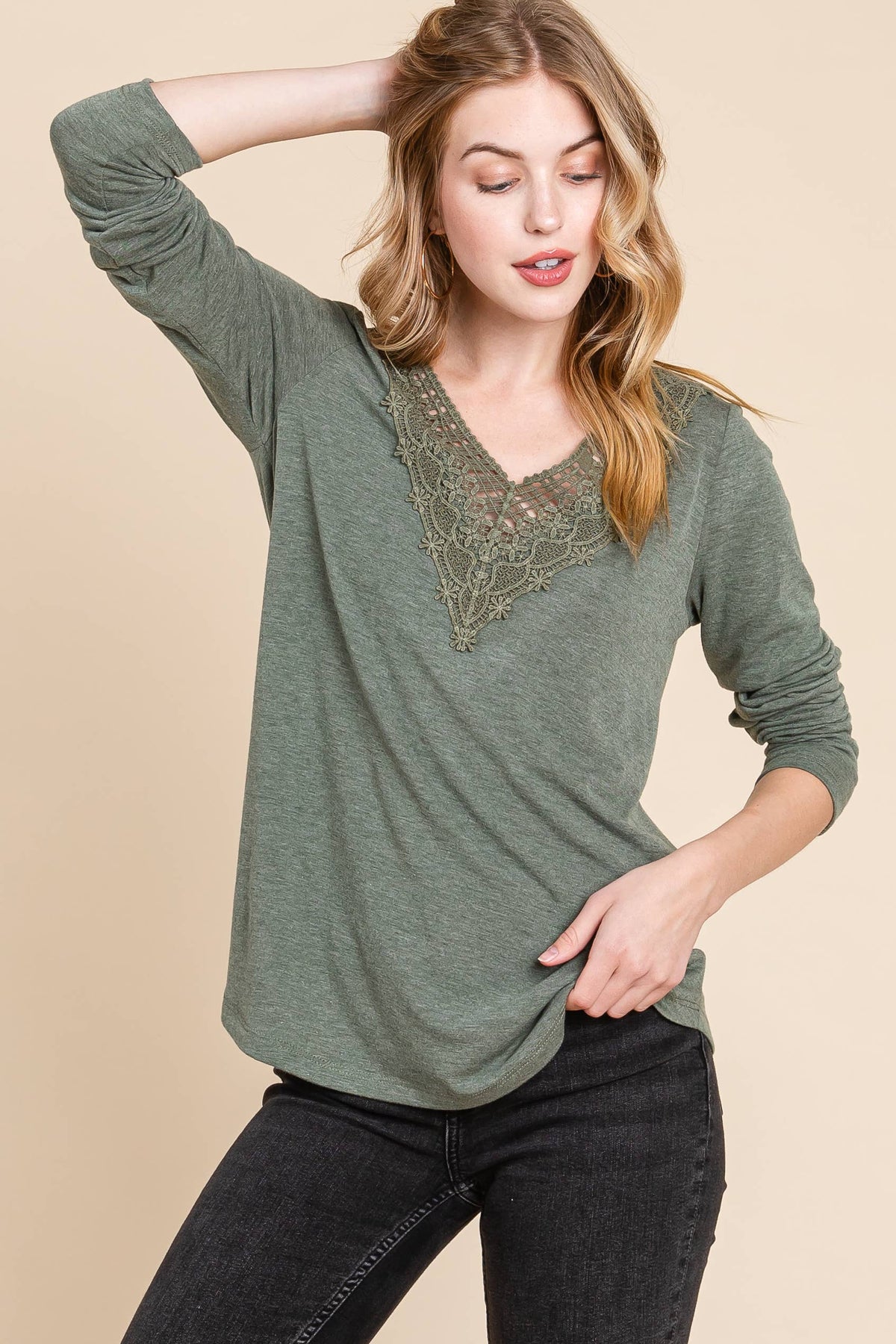 Lace Neckline Long Sleeve Top