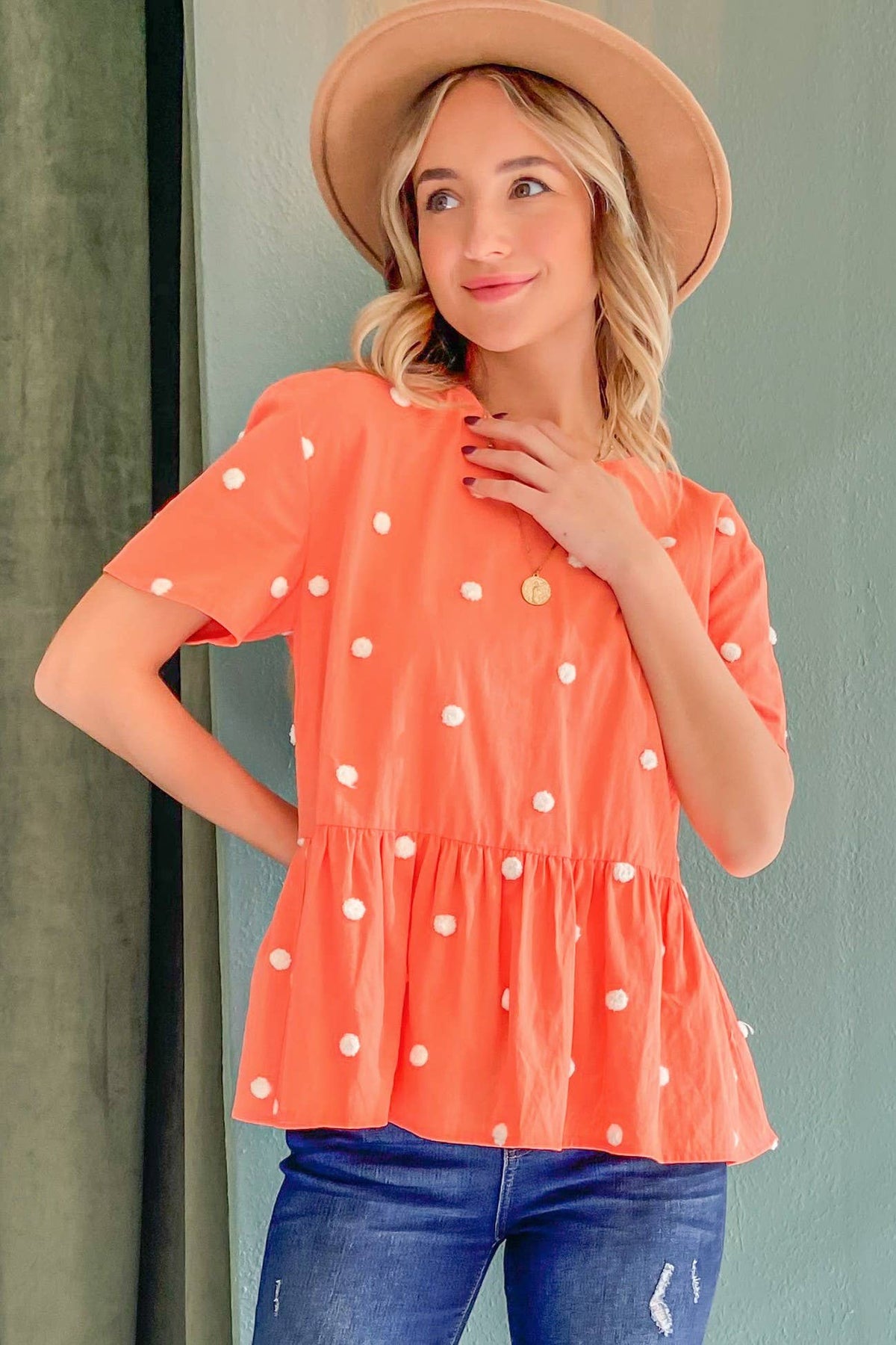 ATW14635 - Pom Pom Polka Dots Short Sleeve Top