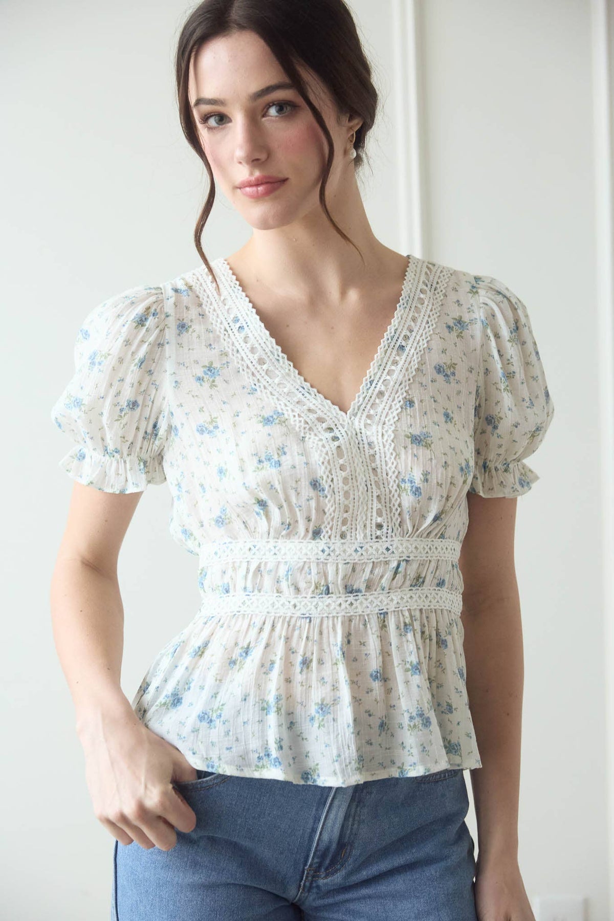 V-Neck Lace Floral Blouse