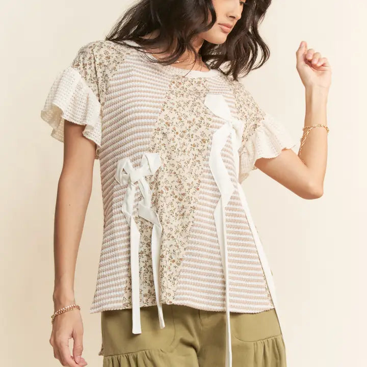 Bow Trim Waffle Knit Top