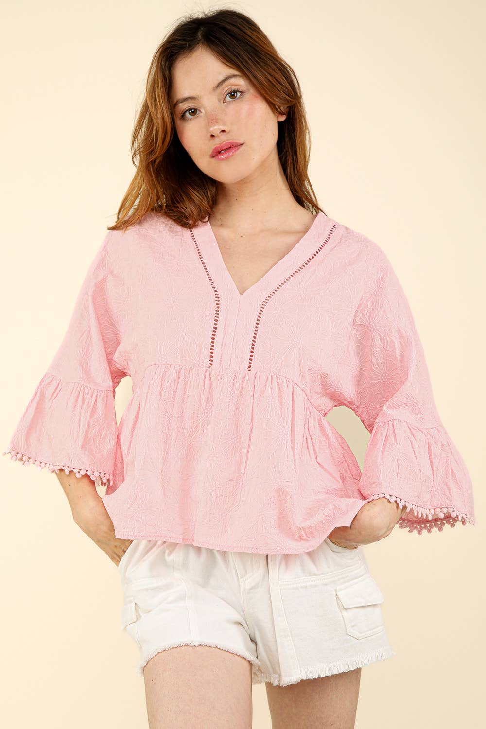 V-Neck Oversized Embroidery Woven Blouse