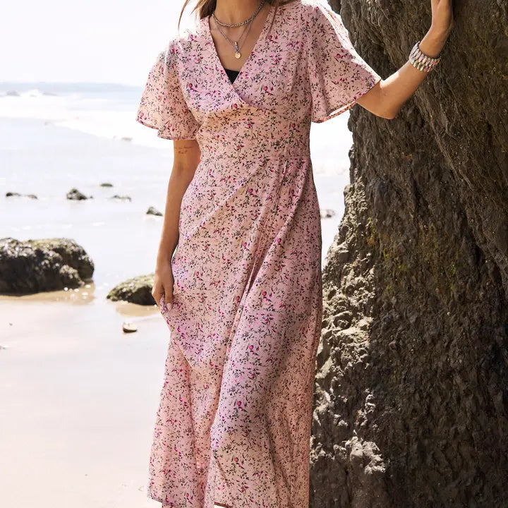 Floral Flared Surplice Faux Wrap Maxi