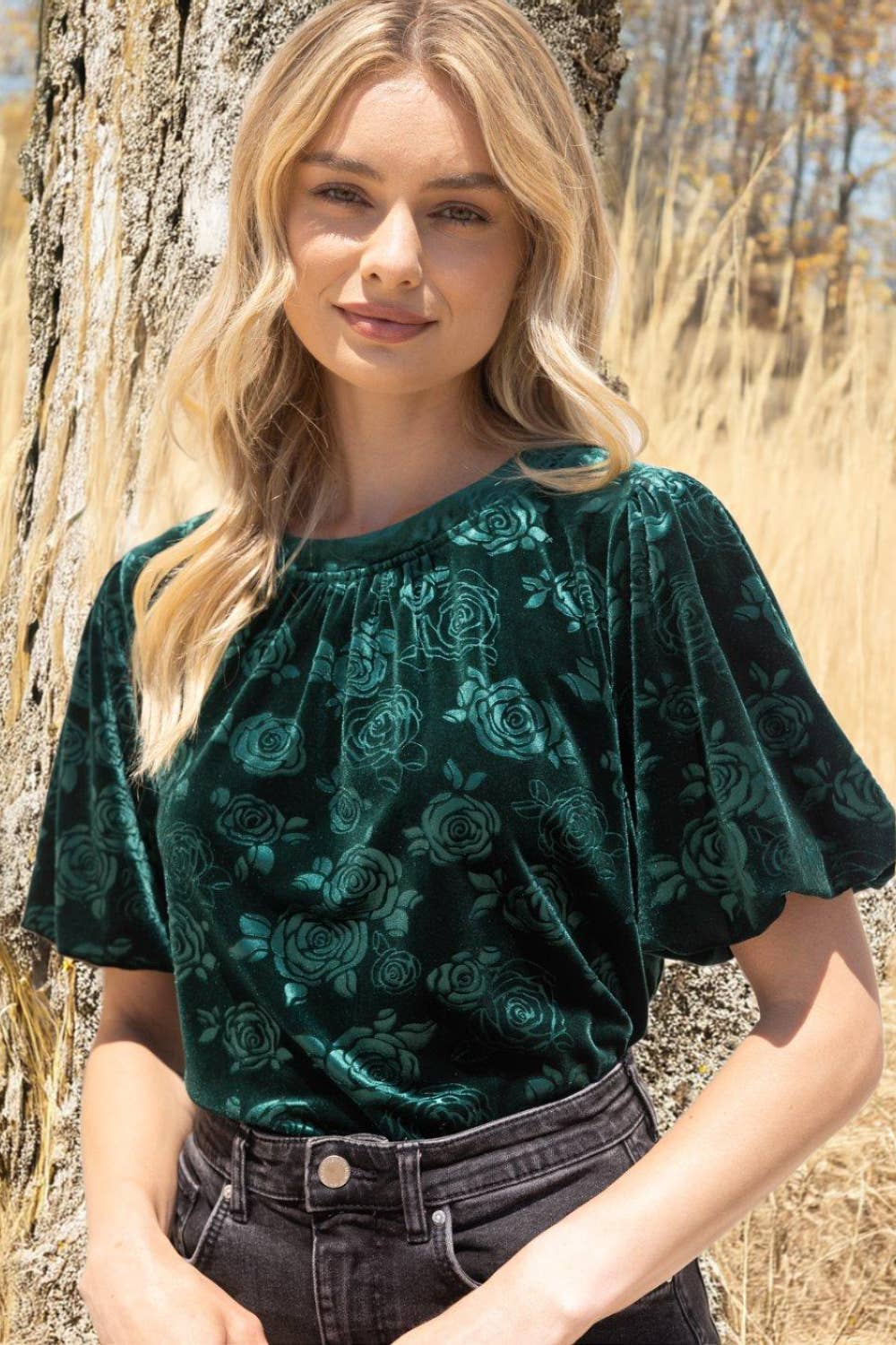 Rose Textured Puff Sleeve Velvet Top